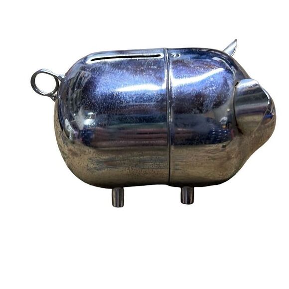 Silver Vintage Metal Tin Chrome Small Piggy Bank 4" - Picture 2 of 7